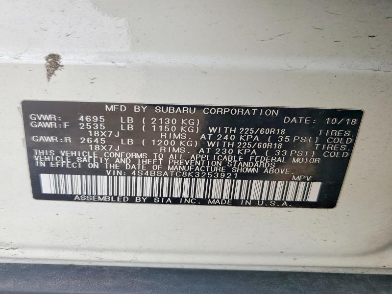 2019 Subaru Outback მანქანა იყიდება აუქციონზე, vin: 4S4BSATC8K3253921, აუქციონის ნომერი: 54183846