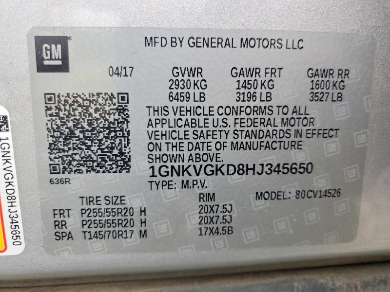 Aukcja sprzedaży 2017 Chevrolet Traverse, vin: 1GNKVGKD8HJ345650, numer aukcji: 54418266