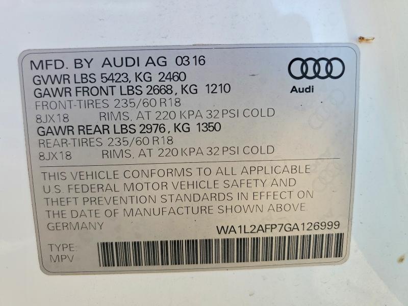 2016 Audi Q5 მანქანა იყიდება აუქციონზე, vin: WA1L2AFP7GA126999, აუქციონის ნომერი: 53072566