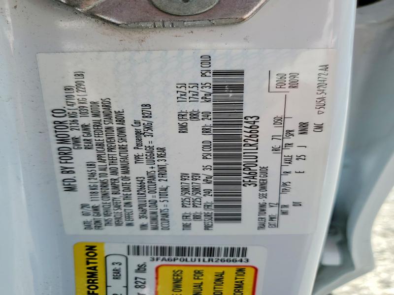 2020 Ford Fusion მანქანა იყიდება აუქციონზე, vin: 3FA6P0LU1LR266643, აუქციონის ნომერი: 53217556