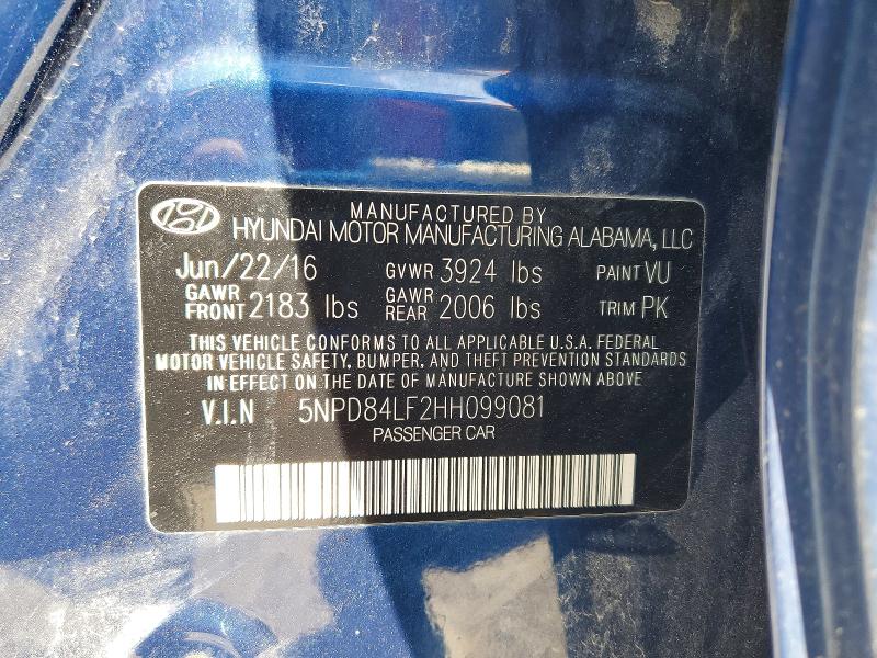 51996096 :رقم المزاد ، 5NPD84LF2HH099081 vin ، 2017 Hyundai Elantra مزاد بيع