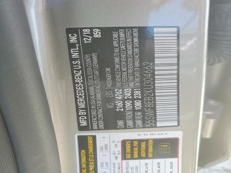 Aukcja sprzedaży 2019 Mercedes-benz C, vin: 55SWF8EB2KU304662, numer aukcji: 52413166