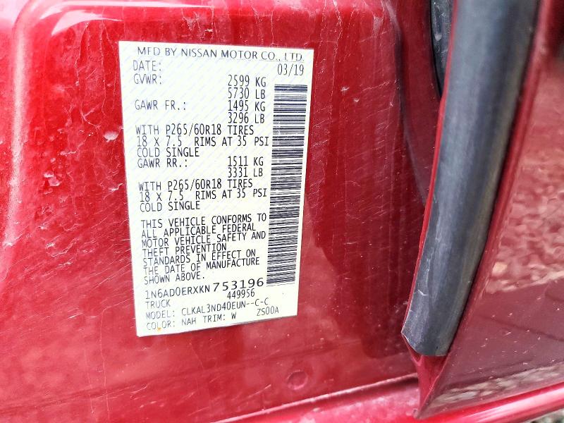 53454206 :رقم المزاد ، 1N6AD0ERXKN753196 vin ، 2019 Nissan Frontier مزاد بيع