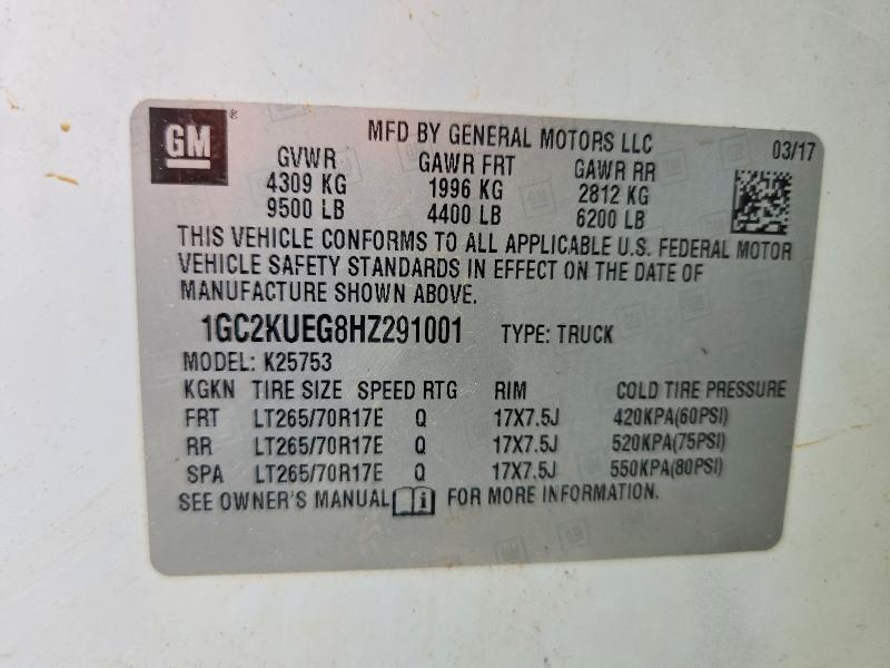 2017 Chevrolet Silverado მანქანა იყიდება აუქციონზე, vin: 1GC2KUEG8HZ291001, აუქციონის ნომერი: 54713866