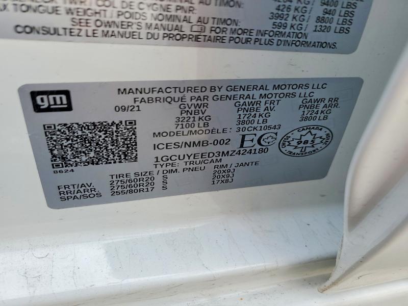 2021 Chevrolet Silverado მანქანა იყიდება აუქციონზე, vin: 1GCUYEED3MZ424180, აუქციონის ნომერი: 54003816