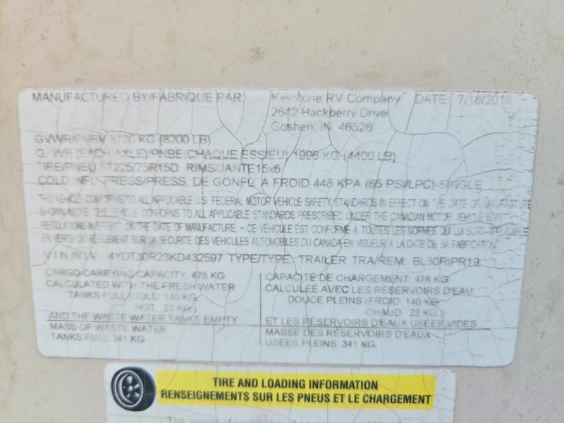 Продаж на аукціоні авто 2019 Keys Trav Trail, vin: 4YDT30R23KD432597, номер лоту: 53030636