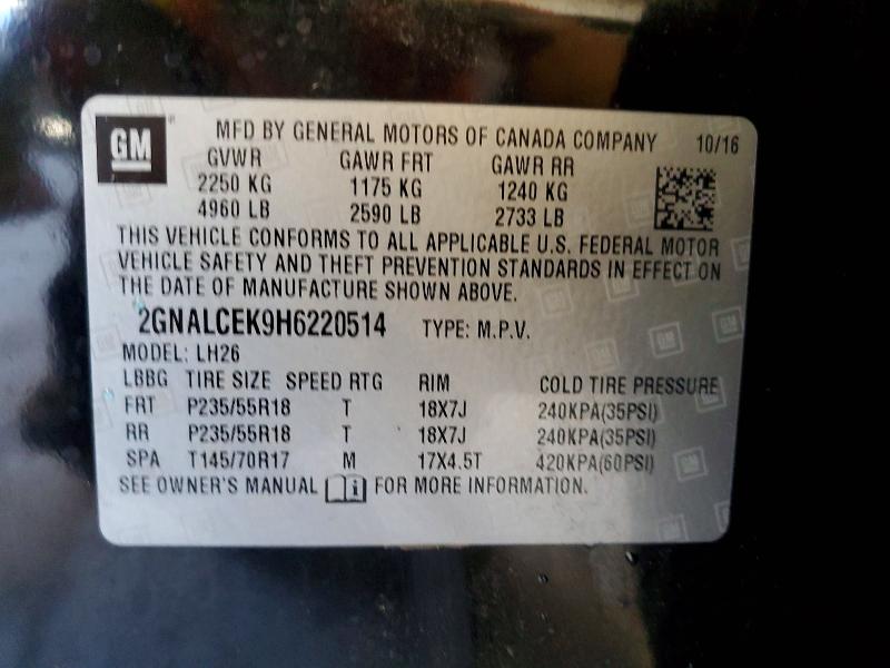 Aukcja sprzedaży 2017 Chevrolet Equinox, vin: 2GNALCEK9H6220514, numer aukcji: 53024996