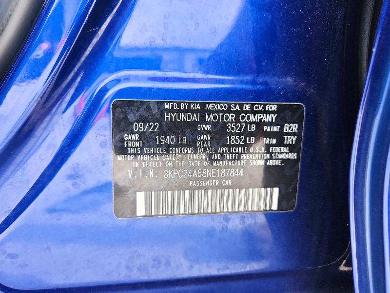 2022 Hyundai Accent მანქანა იყიდება აუქციონზე, vin: 3KPC24A68NE187844, აუქციონის ნომერი: 55429536