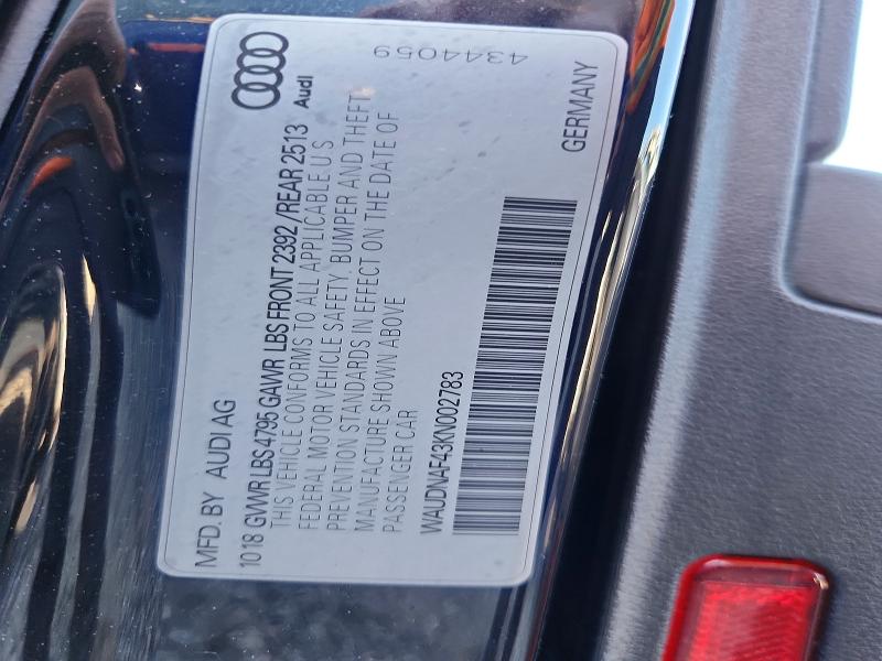 55076956 :رقم المزاد ، WAUDNAF43KN002783 vin ، 2019 Audi A4 مزاد بيع