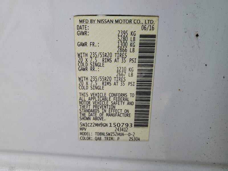 53943806 :رقم المزاد ، 5N1CZ2MH9GN150793 vin ، 2016 Nissan Murano Hybrid مزاد بيع