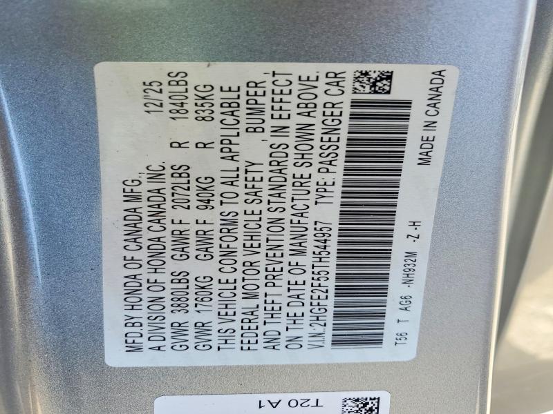 54536256 :رقم المزاد ، 2HGFE2F55TH544957 vin ، 2026 Honda Civic مزاد بيع