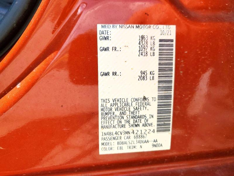 Aukcja sprzedaży 2021 Nissan Altima, vin: 1N4BL4CV3MN421224, numer aukcji: 51110506