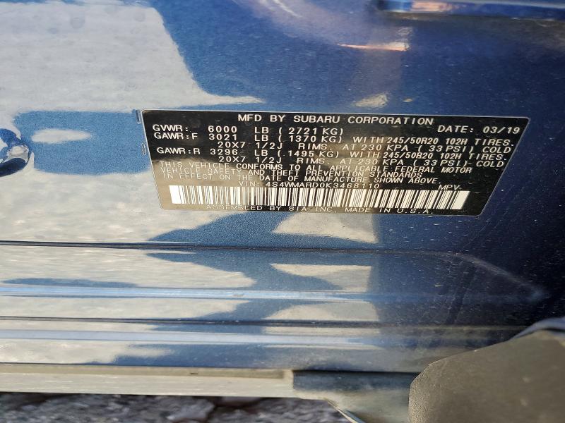 54093066 :رقم المزاد ، 4S4WMARD0K3468110 vin ، 2019 Subaru Ascent مزاد بيع