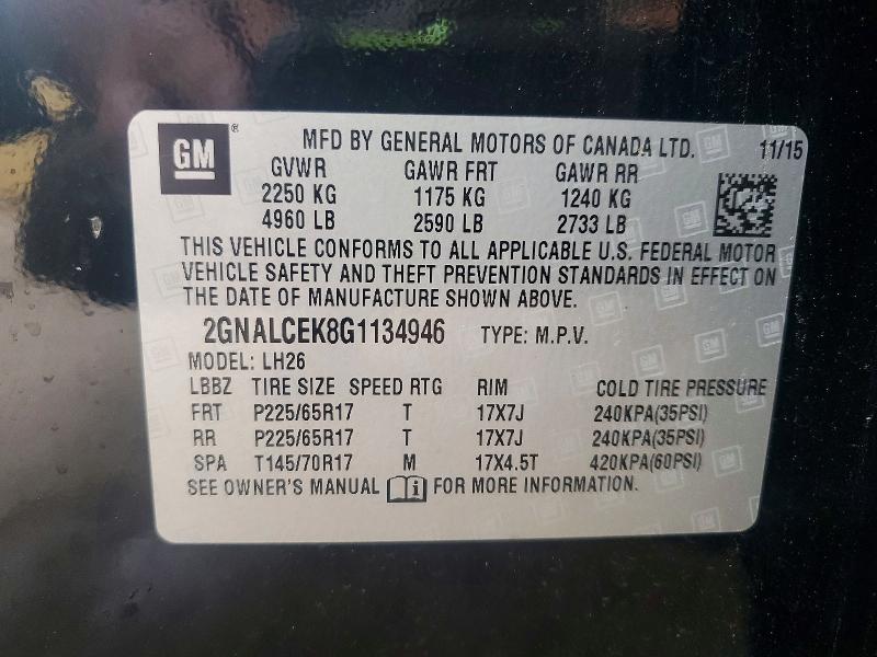 Aukcja sprzedaży 2016 Chevrolet Equinox, vin: 2GNALCEK8G1134946, numer aukcji: 54961316