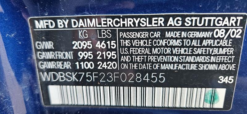 55992276 :رقم المزاد ، WDBSK75F23F028455 vin ، 2003 Mercedes-benz Sl مزاد بيع