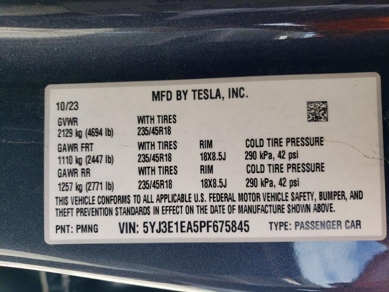 2023 Tesla Model 3 მანქანა იყიდება აუქციონზე, vin: 5YJ3E1EA5PF675845, აუქციონის ნომერი: 52307066
