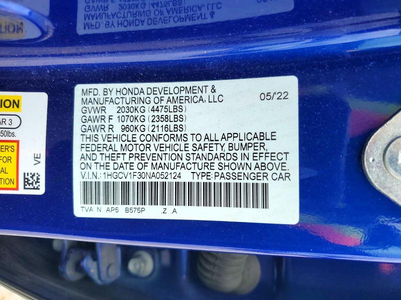 Aukcja sprzedaży 2022 Honda Accord, vin: 1HGCV1F30NA052124, numer aukcji: 52210816
