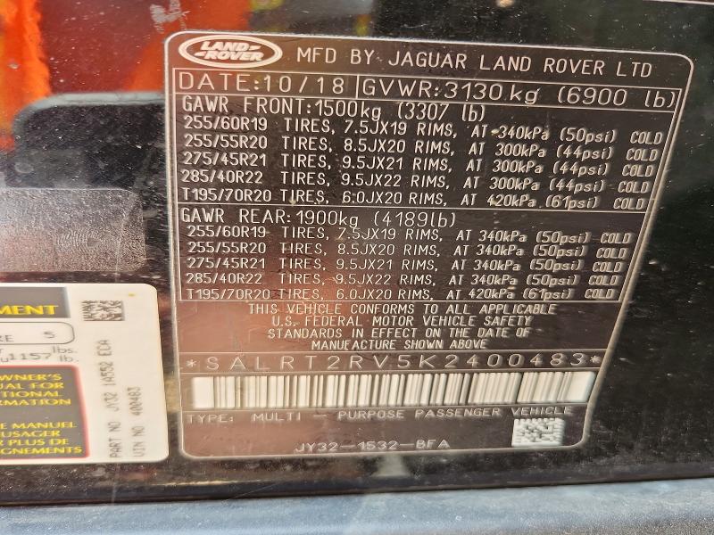 Aukcja sprzedaży 2019 Land Rover Discovery, vin: SALRT2RV5K2400483, numer aukcji: 53582046