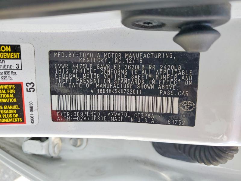 53449876 :رقم المزاد ، 4T1B61HK5KU722011 vin ، 2019 Toyota Camry مزاد بيع