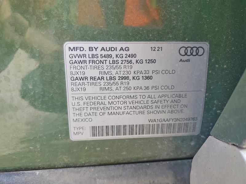 2022 Audi Q5 მანქანა იყიდება აუქციონზე, vin: WA1GAAFY3N2049763, აუქციონის ნომერი: 53670586