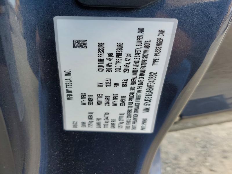2022 Tesla Model 3 მანქანა იყიდება აუქციონზე, vin: 5YJ3E1EA6NF340882, აუქციონის ნომერი: 54908806