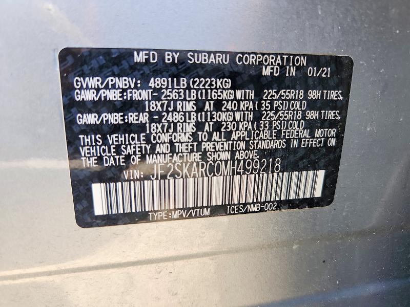 Продаж на аукціоні авто 2021 Subaru Forester, vin: JF2SKARC0MH499218, номер лоту: 53162886