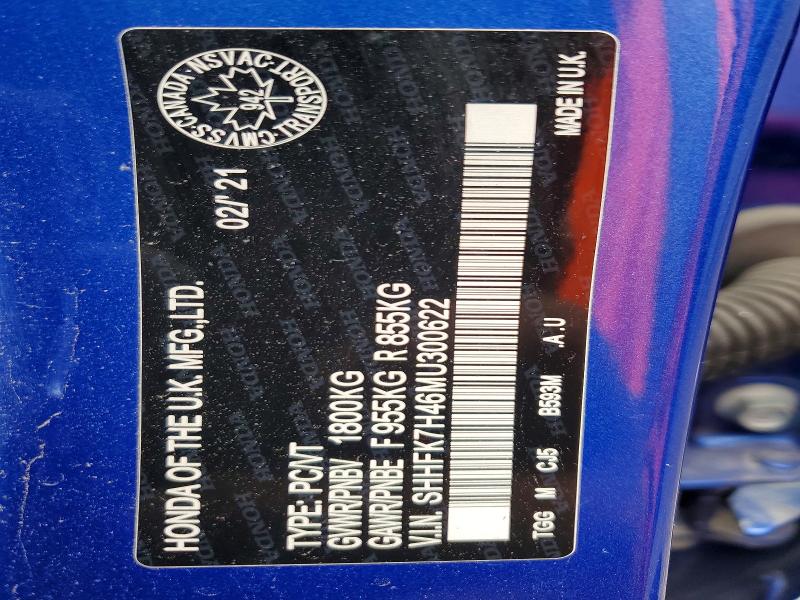 53586336 :رقم المزاد ، SHHFK7H46MU300622 vin ، 2021 Honda Civic مزاد بيع