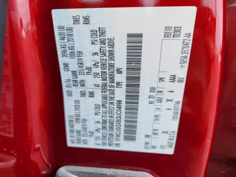 2016 Ford Escape მანქანა იყიდება აუქციონზე, vin: 1FMCU0GX8GUC04998, აუქციონის ნომერი: 54890786