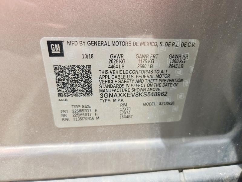 2019 Chevrolet Equinox მანქანა იყიდება აუქციონზე, vin: 3GNAXKEV8KS548962, აუქციონის ნომერი: 55072996