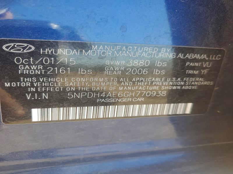 52852206 :رقم المزاد ، 5NPDH4AE6GH770938 vin ، 2016 Hyundai Elantra مزاد بيع