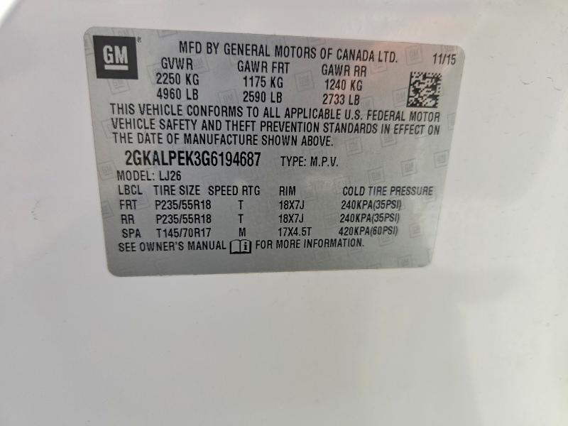 Aukcja sprzedaży 2016 Gmc Terrain, vin: 2GKALPEK3G6194687, numer aukcji: 53785776