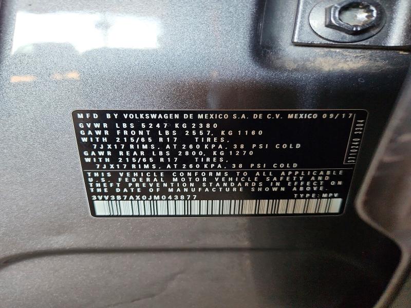 52031016 :رقم المزاد ، 3VV3B7AX0JM043877 vin ، 2018 Volkswagen Tiguan مزاد بيع