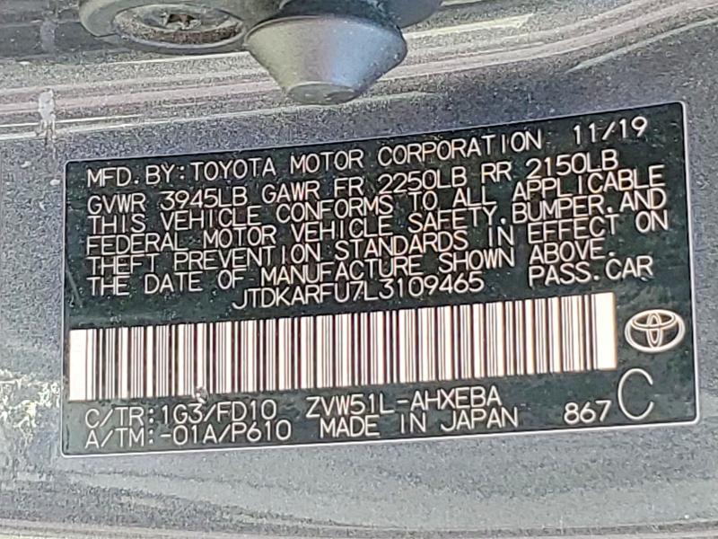 Aukcja sprzedaży 2020 Toyota Prius, vin: JTDKARFU7L3109465, numer aukcji: 53251416