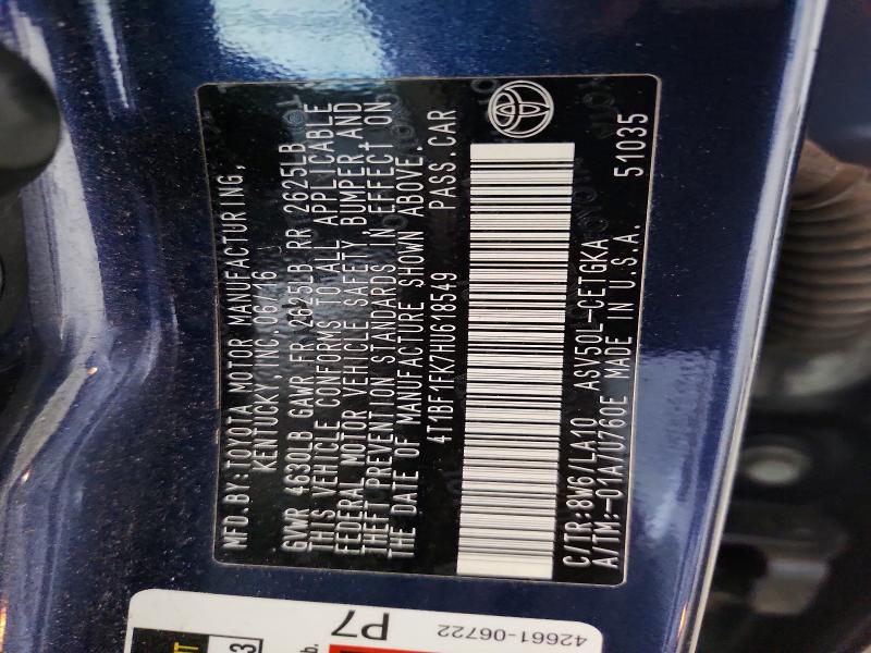 Aukcja sprzedaży 2017 Toyota Camry, vin: 4T1BF1FK7HU618549, numer aukcji: 55001916