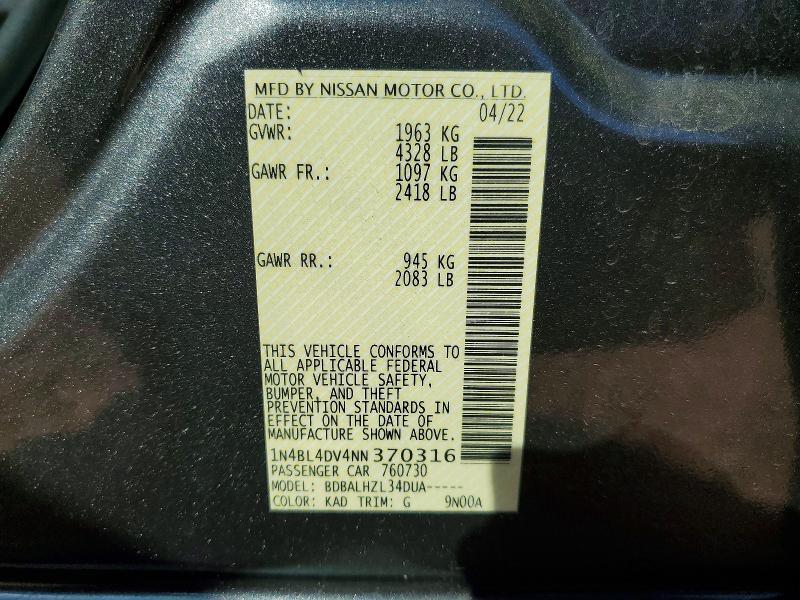 Aukcja sprzedaży 2022 Nissan Altima, vin: 1N4BL4DV4NN370316, numer aukcji: 52818636