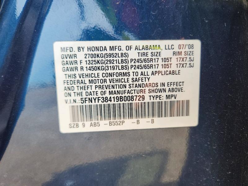 Aukcja sprzedaży 2009 Honda Pilot, vin: 5FNYF38419B008729, numer aukcji: 54335836