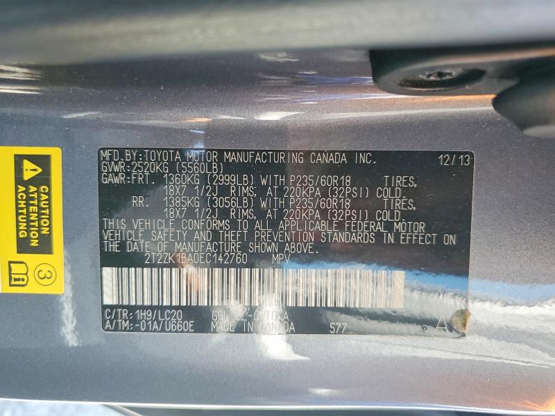 52098446 :رقم المزاد ، 2T2ZK1BA0EC142760 vin ، 2014 Lexus Rx 350 مزاد بيع