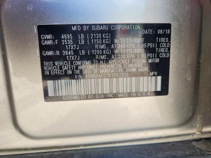 52250496 :رقم المزاد ، 4S4BSAFC7K3207315 vin ، 2019 Subaru Outback مزاد بيع