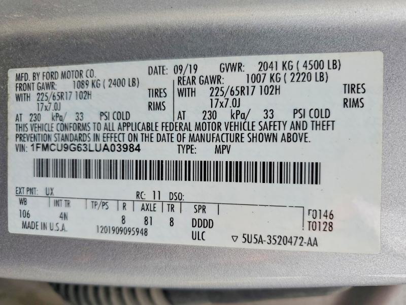 Auction sale of the 2020 Ford Escape, vin: 1FMCU9G63LUA03984, lot number: 52062926