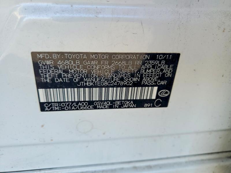 Aukcja sprzedaży 2012 Lexus Es, vin: JTHBK1EG8C2478902, numer aukcji: 53705566
