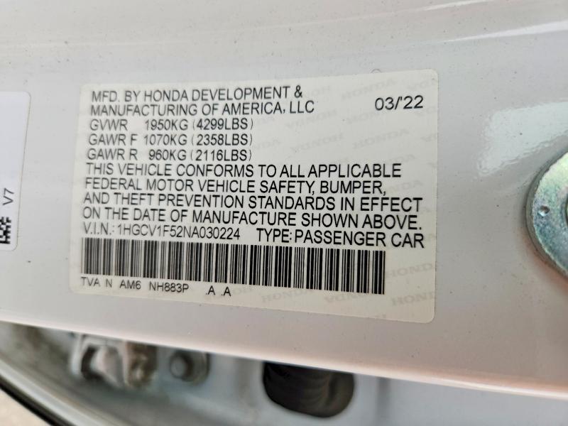 Aukcja sprzedaży 2022 Honda Accord, vin: 1HGCV1F52NA030224, numer aukcji: 54948476