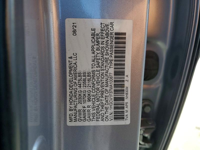 53848416 :رقم المزاد ، 1HGCV1F37MA100877 vin ، 2021 Honda Accord مزاد بيع