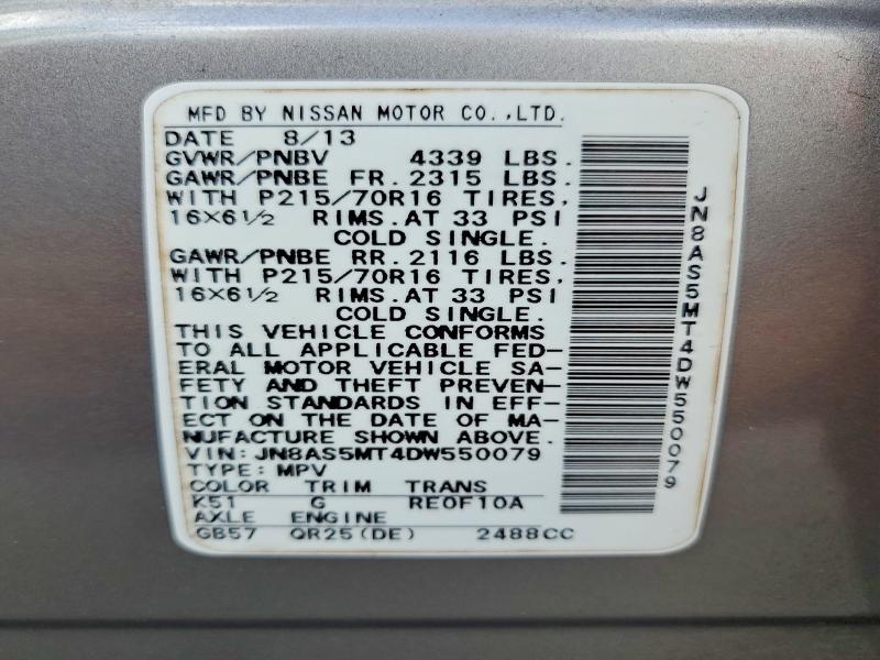 54287066 :رقم المزاد ، JN8AS5MT4DW550079 vin ، 2013 Nissan Rogue مزاد بيع