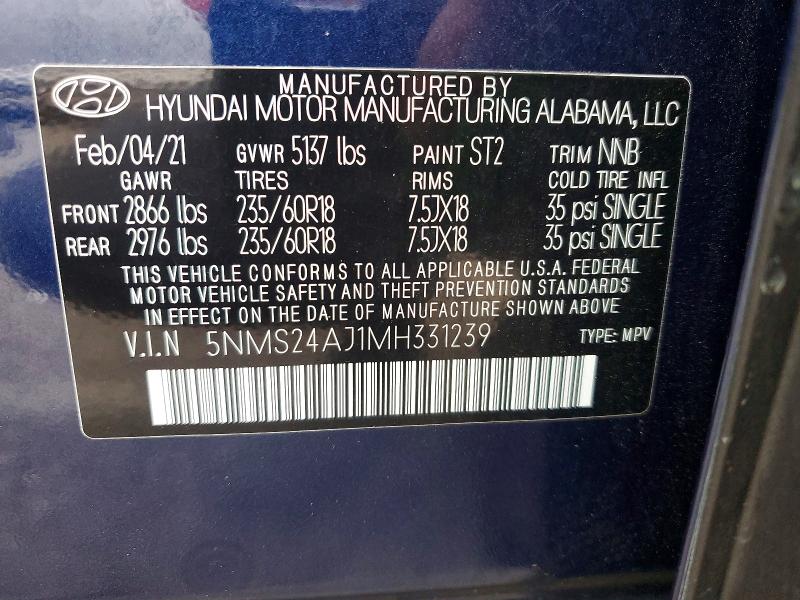 Продажа на аукционе авто 2021 Hyundai Santa Fe, vin: 5NMS24AJ1MH331239, номер лота: 53322806