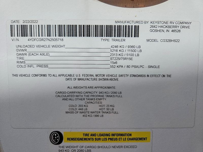 Продаж на аукціоні авто 2022 Keystone Cougar, vin: 4YDFCGR27N2505718, номер лоту: 52470736