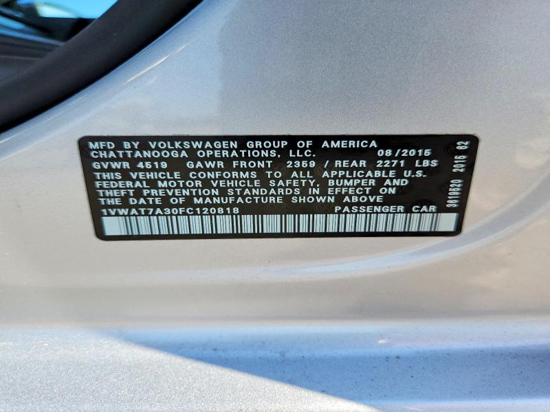 54055366 :رقم المزاد ، 1VWAT7A30FC120818 vin ، 2015 Volkswagen Passat مزاد بيع