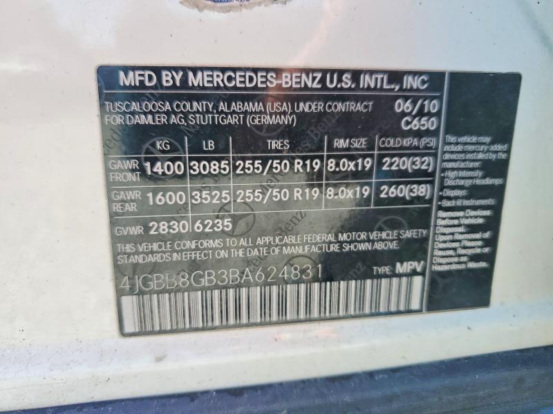 52555296 :رقم المزاد ، 4JGBB8GB3BA624831 vin ، 2011 Mercedes-benz Ml مزاد بيع