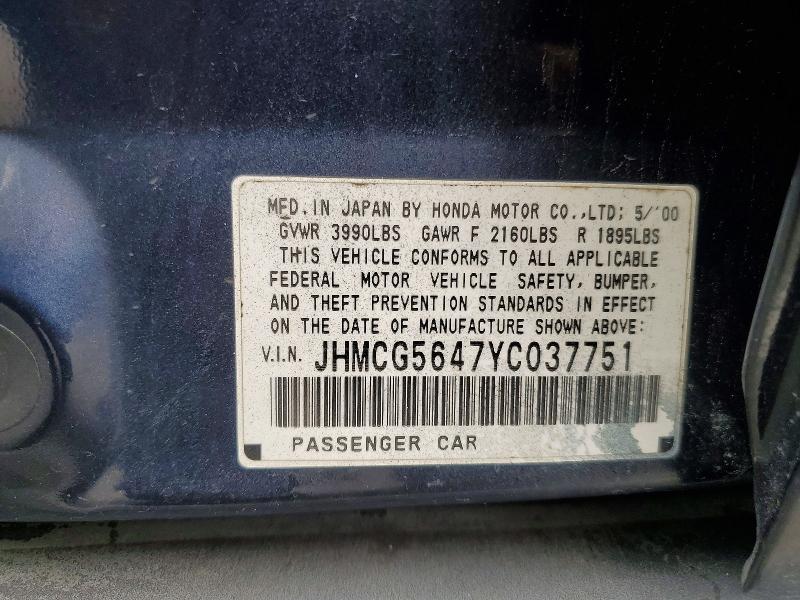 52571226 :رقم المزاد ، JHMCG5647YC037751 vin ، 2000 Honda Accord مزاد بيع