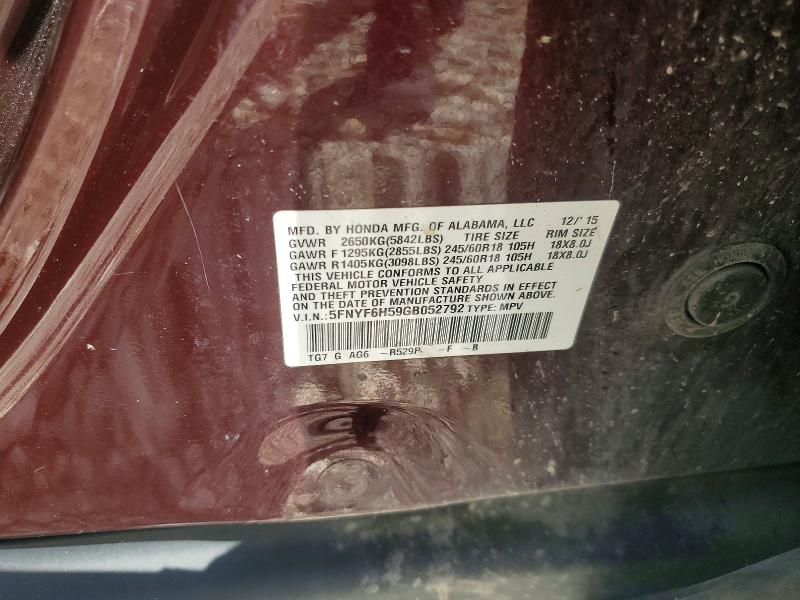 Aukcja sprzedaży 2016 Honda Pilot, vin: 5FNYF6H59GB052792, numer aukcji: 54287196