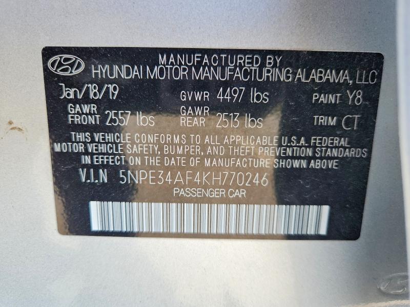 2019 Hyundai Sonata მანქანა იყიდება აუქციონზე, vin: 5NPE34AF4KH770246, აუქციონის ნომერი: 53662646